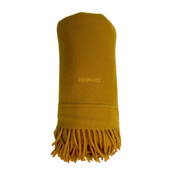 Hermes Square Fringed Ochre Wool Lap Blanket - Picture 3 of 6